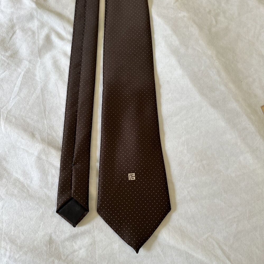 Pierre Balmain Paris Tie Embroidered Logo Micro Polka Dot Handmade Italy Brown - Picture 2 of 9